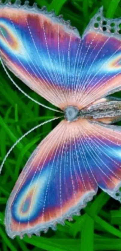 Colorful butterfly with vibrant wings on green grass.