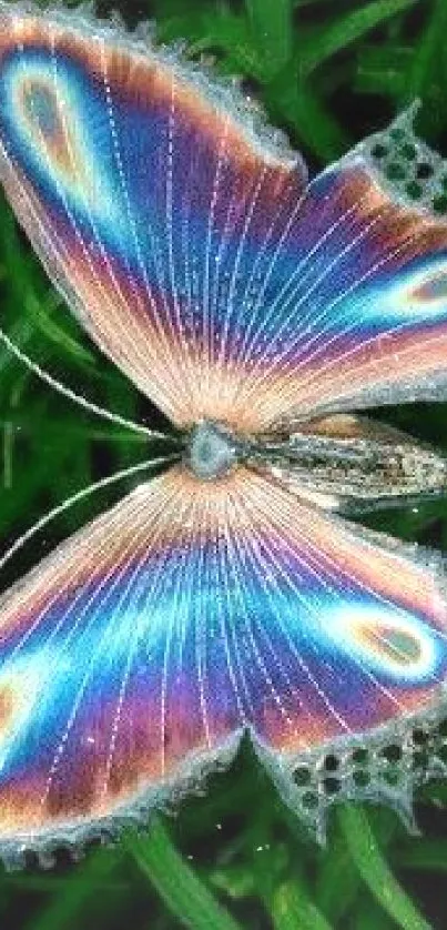 Vibrant butterfly with colorful wings on green leaves.