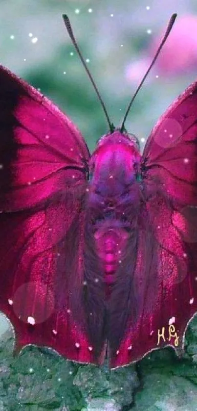 Vibrant magenta butterfly perched on a green stone surface.