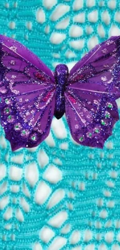 Purple butterfly on turquoise lace wallpaper.