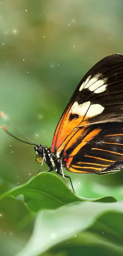 Colorful butterfly resting on a green leaf.