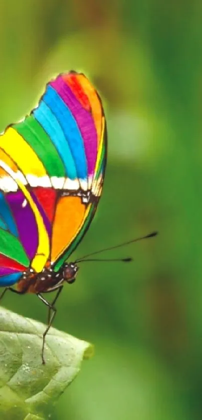 Vivid butterfly resting on a green leaf in nature.