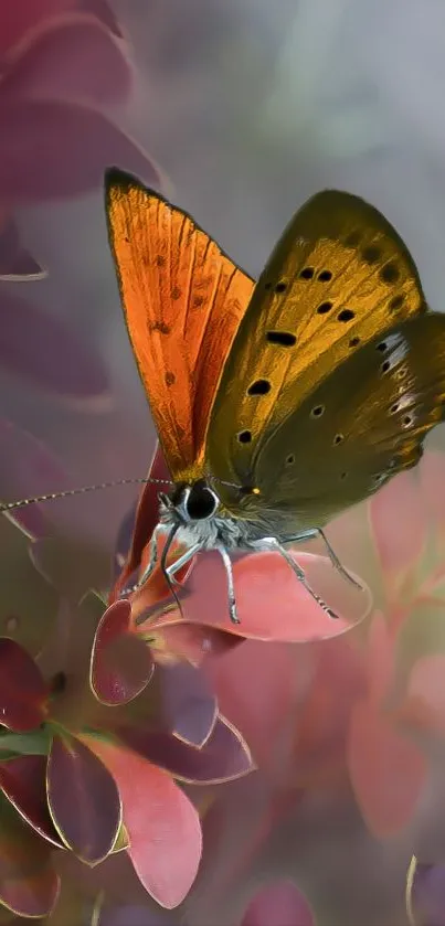 Vibrant butterfly perched on a colorful leaf in nature.