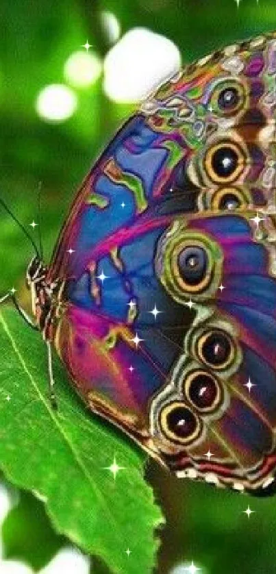 A vibrant butterfly resting on a green leaf, showcasing colorful details.