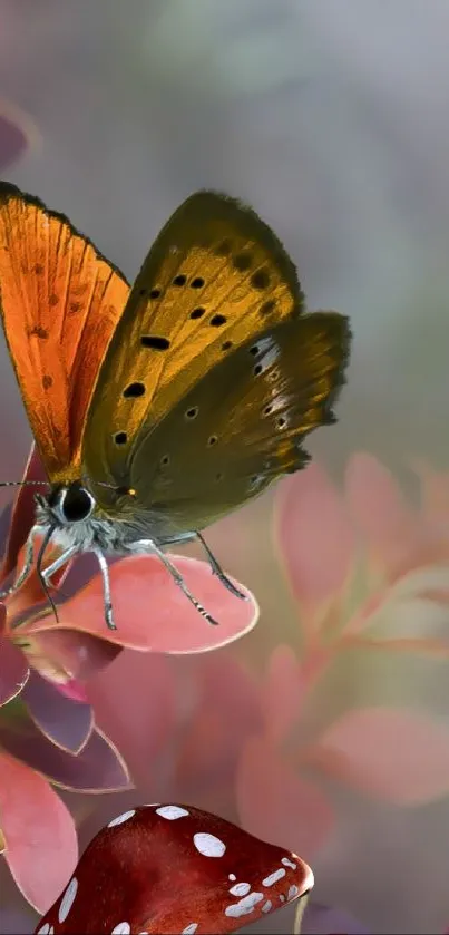 A vibrant butterfly rests on colorful leaves in this nature-inspired wallpaper.