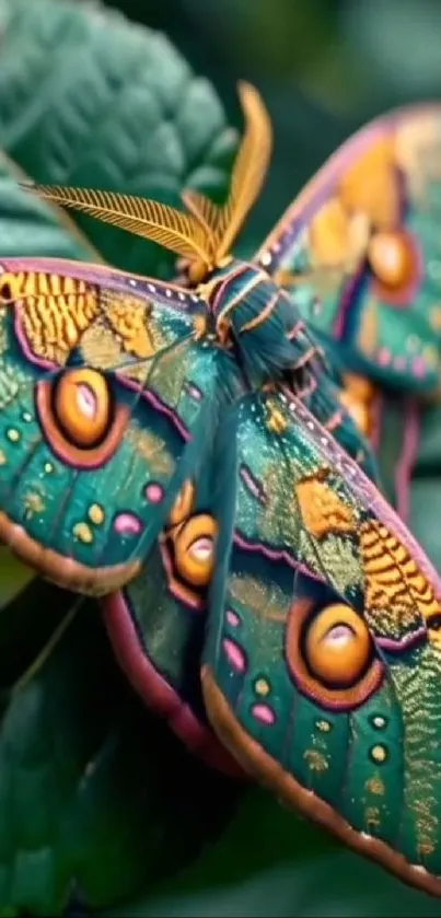 Vibrant butterfly with colorful wings on green leaves.