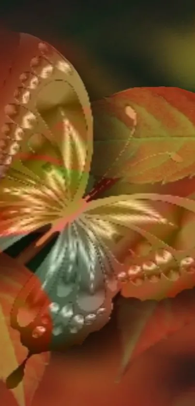 Vibrant butterfly resting on colorful autumn leaves.