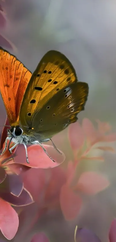 Orange and brown butterfly on pink leaves, elegant wallpaper.