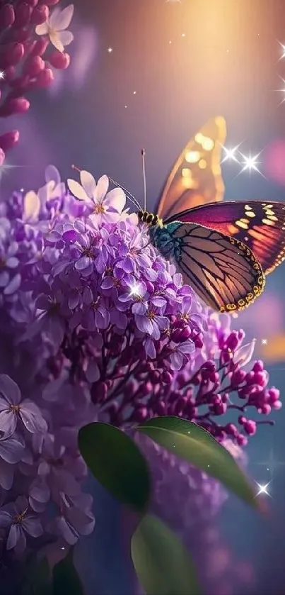 Colorful butterfly on lilac flowers in soft lighting.