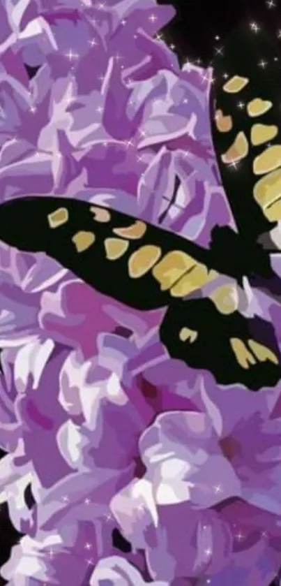 Black and yellow butterfly on lilac flowers wallpaper.