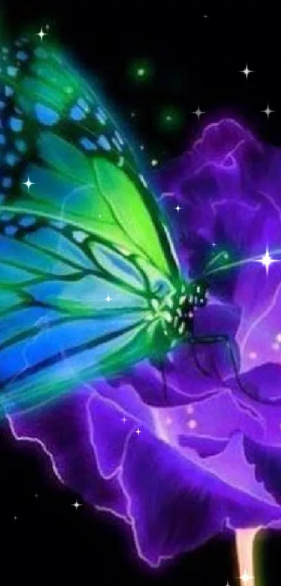 Vibrant butterfly on a neon purple flower wallpaper.