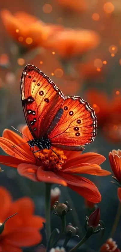 Vibrant butterfly resting on an orange flower with soft bokeh in the background.