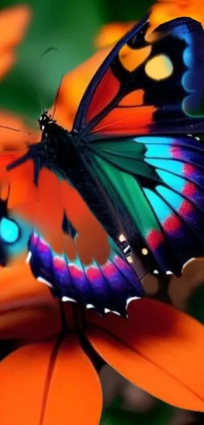A vibrant butterfly with multicolored wings on bright orange flowers.