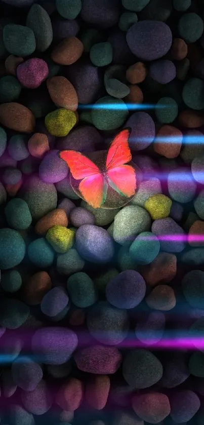 A vibrant butterfly on colorful pebbles wallpaper.