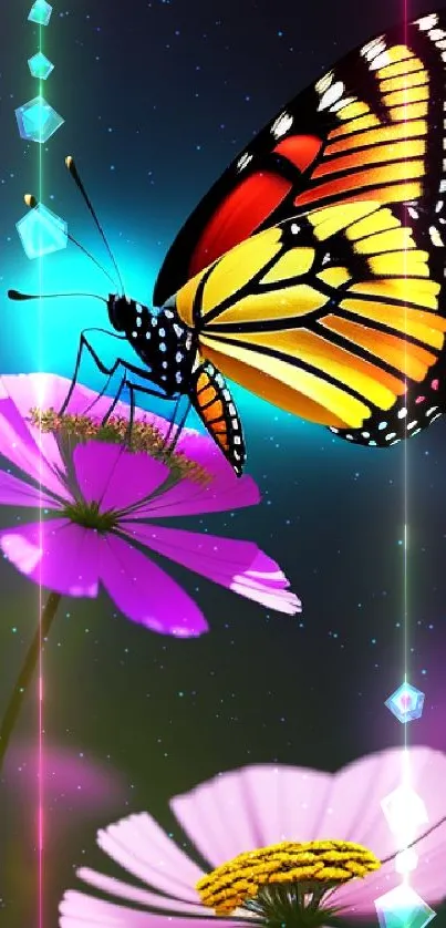 Vibrant butterfly on pink flowers mobile wallpaper.