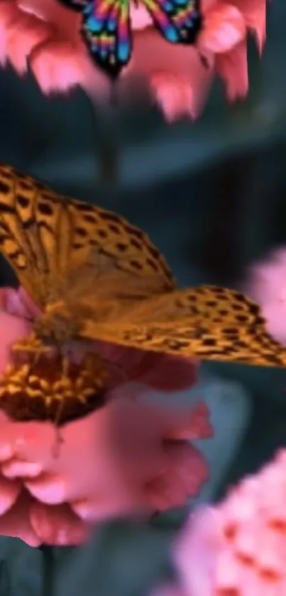 Orange butterfly on vibrant pink flowers with dark background.