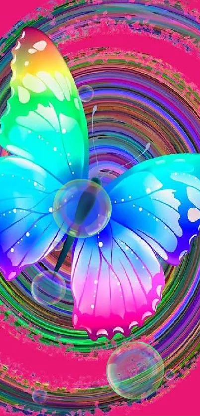 Colorful butterfly on pink swirl background for mobile wallpaper.