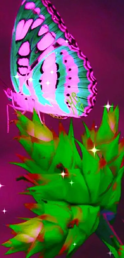 Colorful butterfly on vibrant green plant with magenta background.