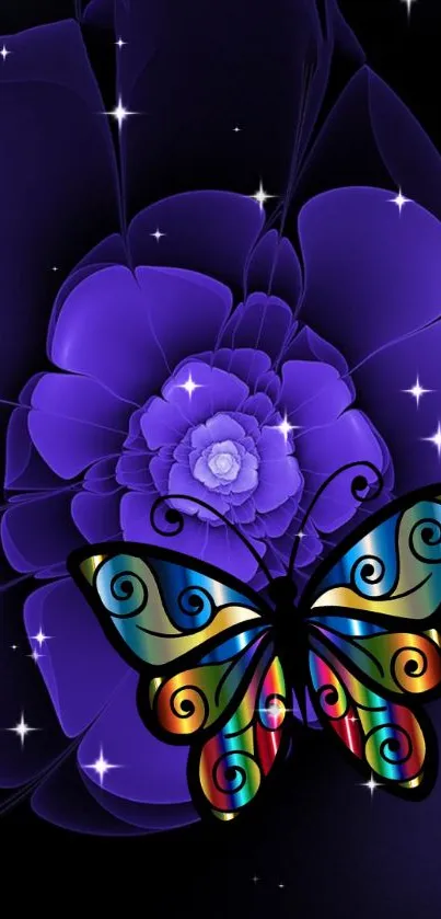 Colorful butterfly on a purple flower backdrop with sparkling effects.