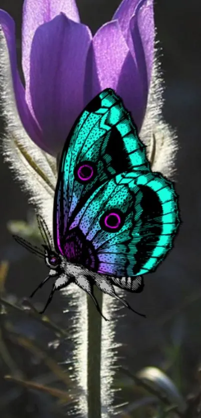 Teal butterfly resting on a purple flower in a captivating nature scene.