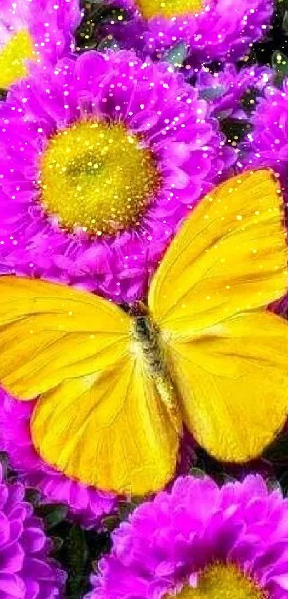 Yellow butterfly resting on vibrant purple flowers.