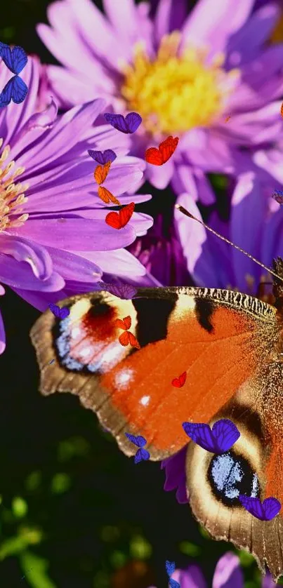 Colorful butterfly resting on purple flowers, vibrant nature wallpaper.