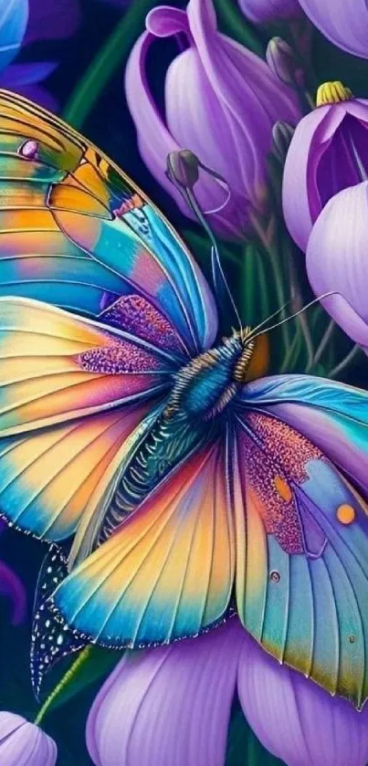Colorful butterfly resting on purple flowers in a vibrant scene.