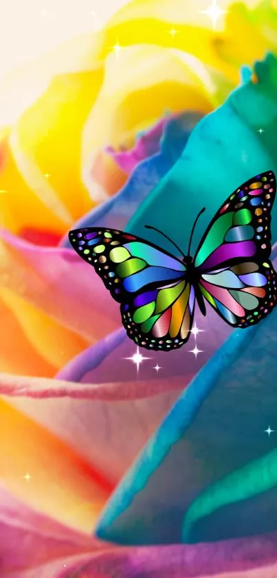 Vibrant butterfly resting on a rainbow rose with sparkling light effects.