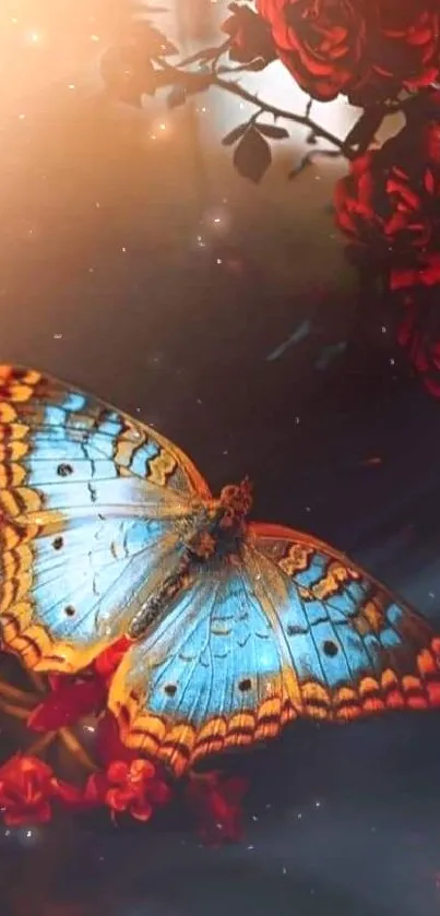 Blue and orange butterfly on vibrant red flowers.