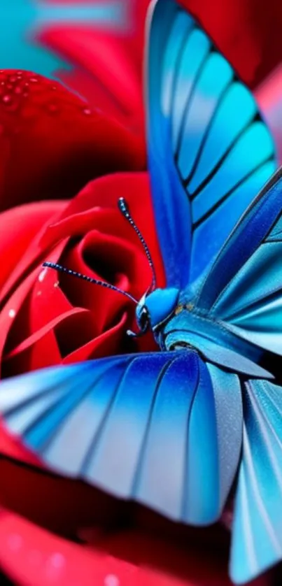 Vibrant blue butterfly resting on a vivid red rose, perfect for phone wallpaper.