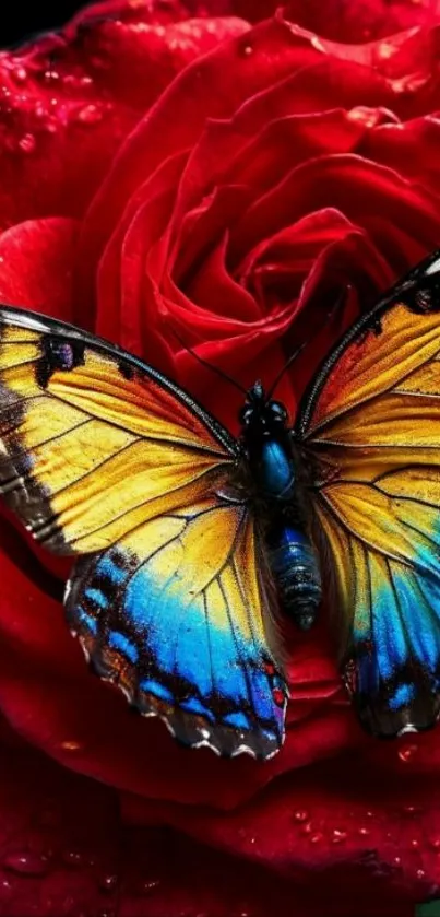 Vibrant butterfly on a rich red rose with dewdrops.