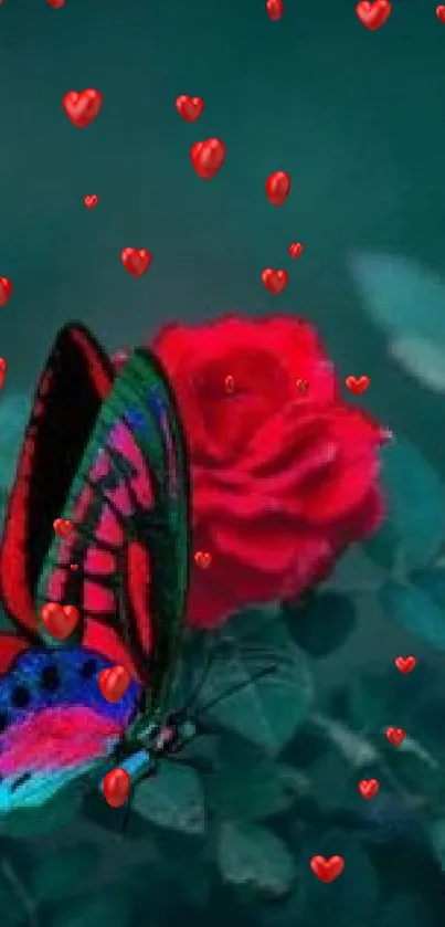 Colorful butterfly on red rose with teal background.