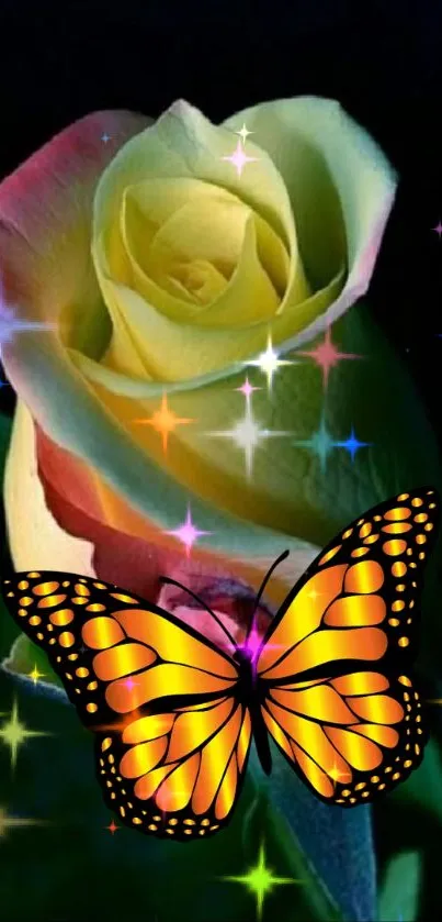 Colorful butterfly on a sparkling rose.