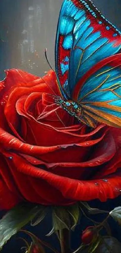 Blue butterfly resting on a red rose, vibrant and detailed artwork.