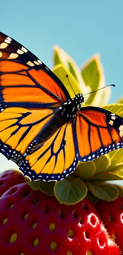 Vibrant butterfly resting on a ripe strawberry against a clear sky.