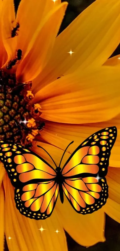 Vibrant yellow sunflower with a colorful butterfly perched on its petals.