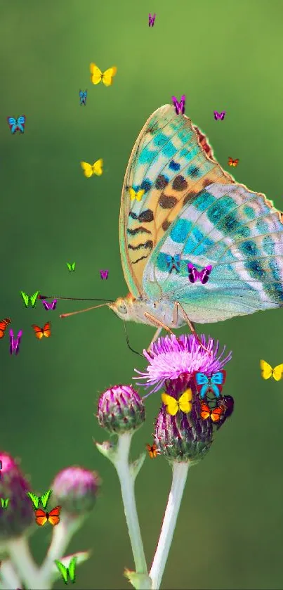 A vibrant butterfly on a thistle in a serene nature setting.