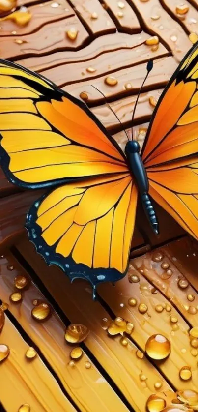 Vibrant orange butterfly on wooden planks with droplets.