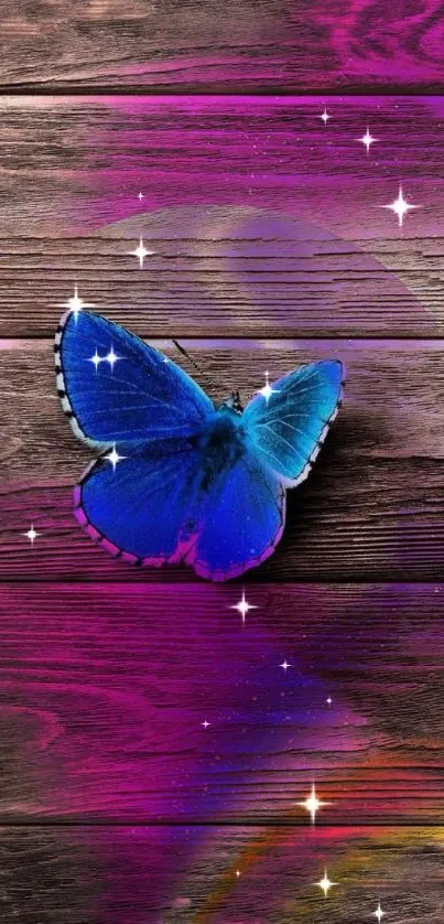 Blue butterfly on wooden background with vibrant colors.