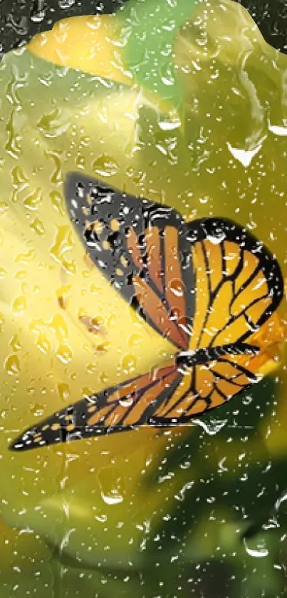 Vibrant butterfly resting on a yellow flower amidst green leaves.