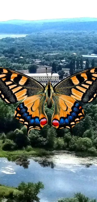 Colorful butterfly over a scenic landscape view with lush greenery.