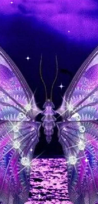 Purple butterfly with intricate wings over a moonlit ocean.