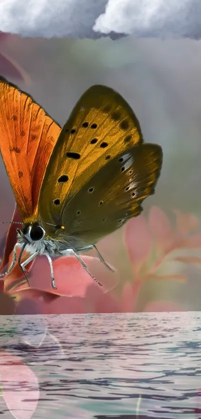 Colorful butterfly flying over water against a serene backdrop.