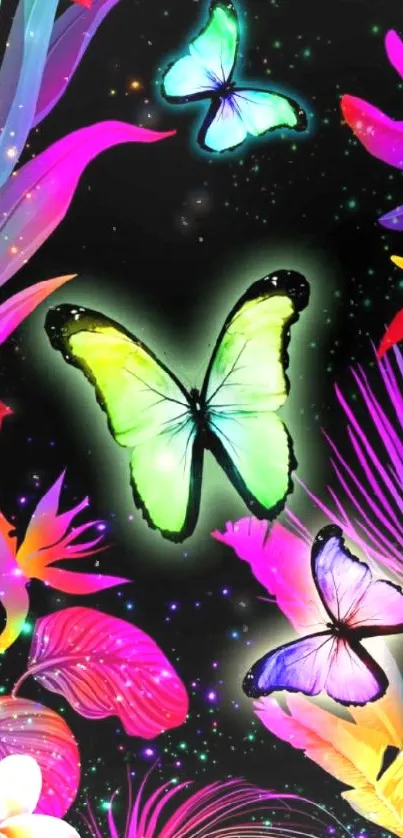 Vibrant neon butterflies with tropical flowers on black background.