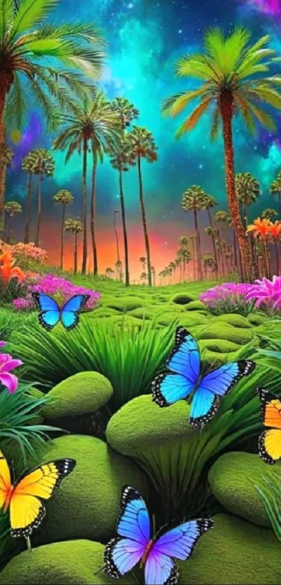 Vibrant landscape with butterflies and palm trees in fantasy setting.