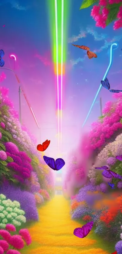 Vibrant pathway with neon lights and butterflies against a colorful sky.