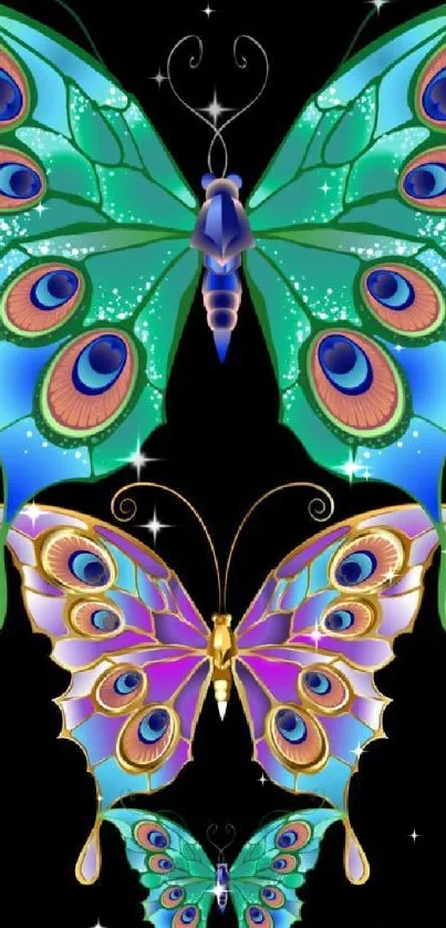 Vibrant butterfly design on black background, featuring teal and purple hues.