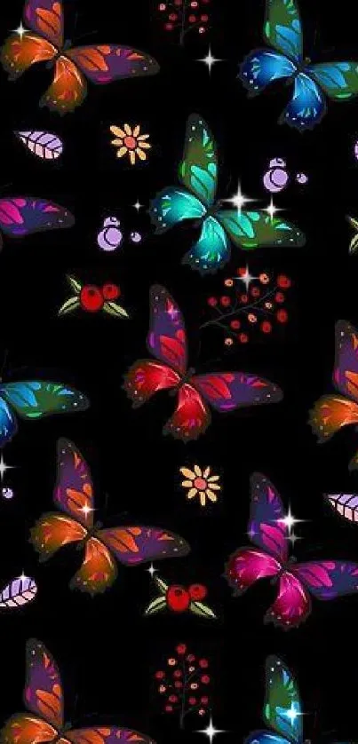 Colorful butterfly pattern on a black background with floral accents.