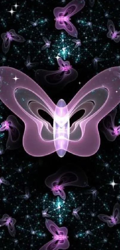 Vibrant pink glowing butterflies on a black cosmic background.