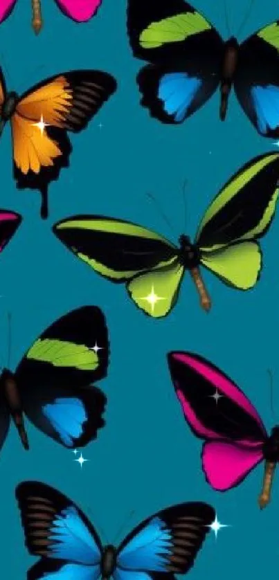 Colorful butterfly pattern on teal background.